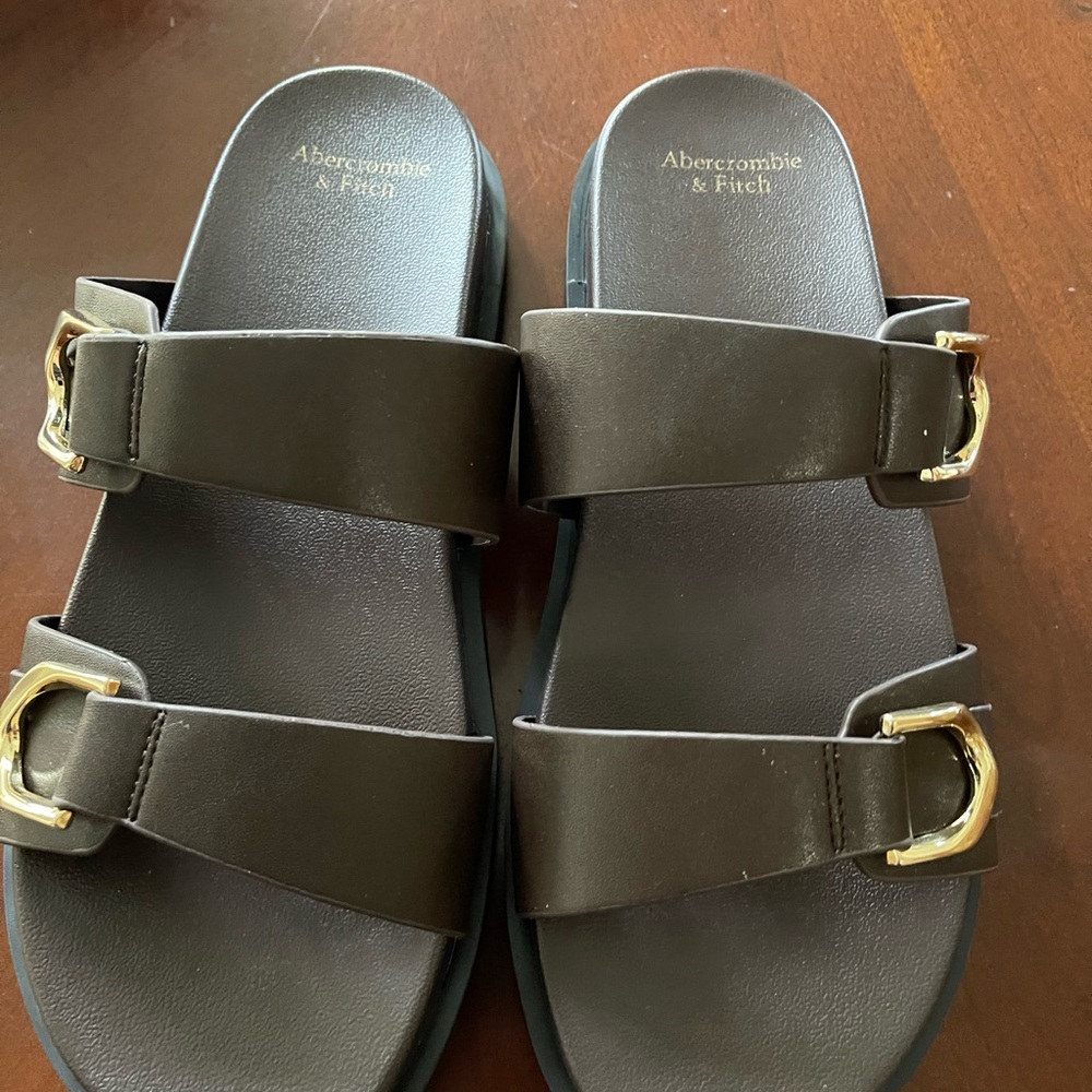 Abercrombie & Fitch Dark Brown Slides with Gold Accents